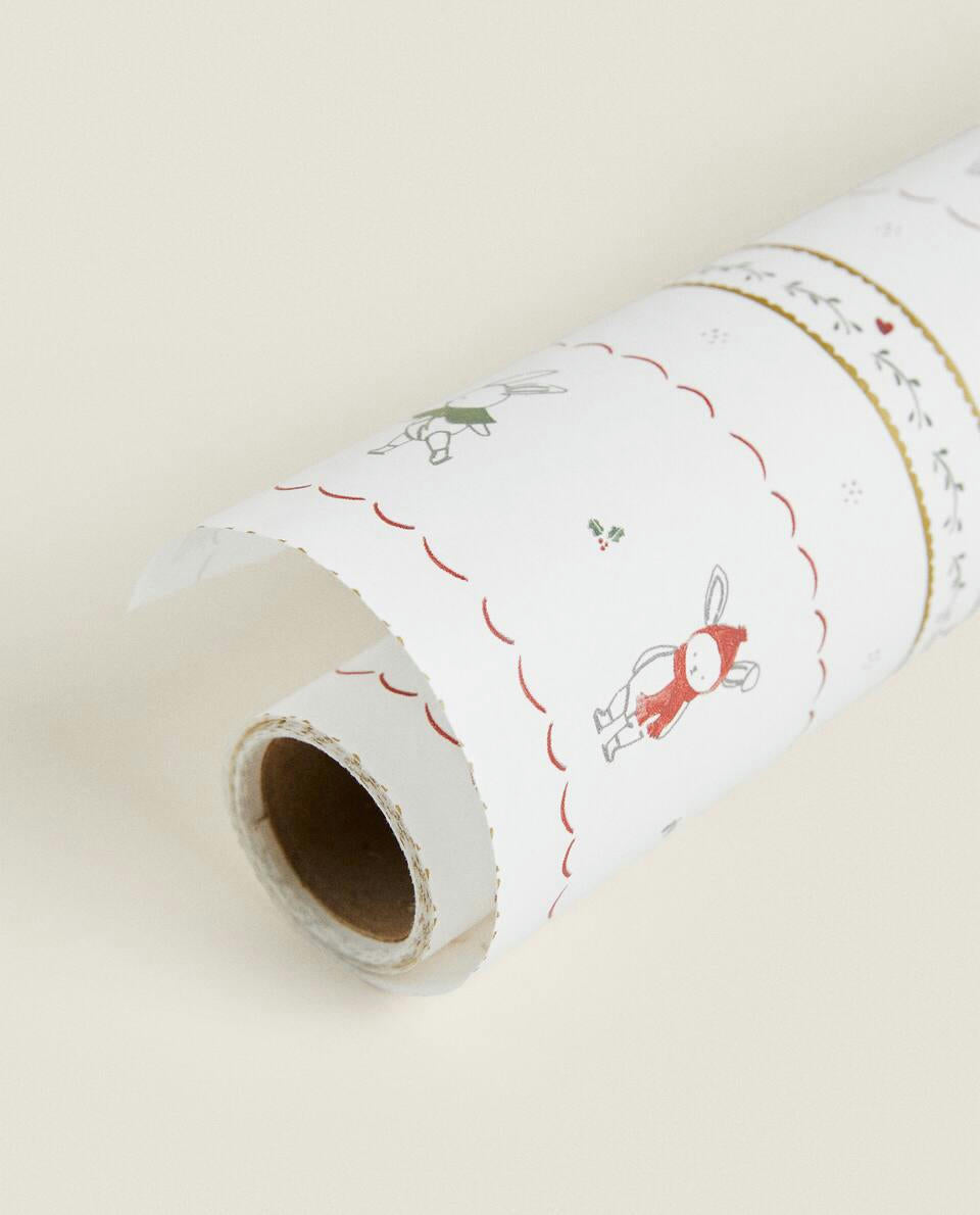 CHILDREN’S WRAPPING PAPER WITH CHRISTMAS BUNNY RABBITS